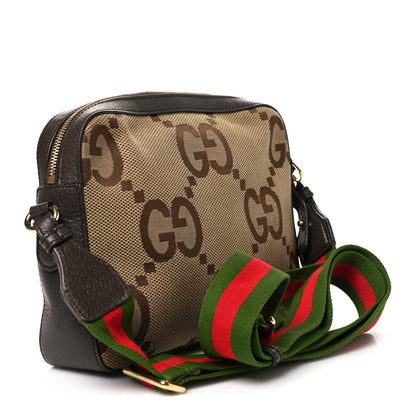Gucci Monogram Jumbo GG Textured Dollar Calfskin Web Messenger Shoulder Bag Camel Ebony New Acero 2 of 9