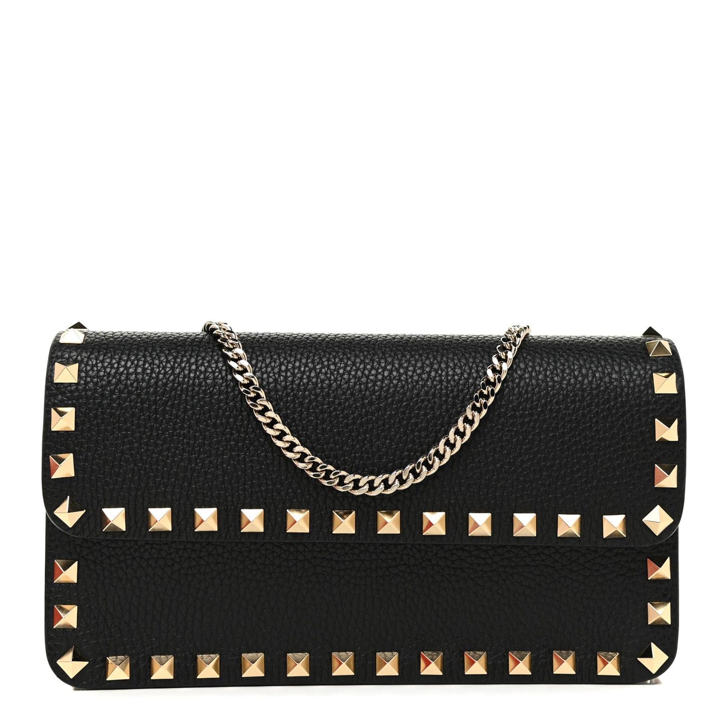 Pebbled Calfskin Rockstud Flap Wallet On Chain Black