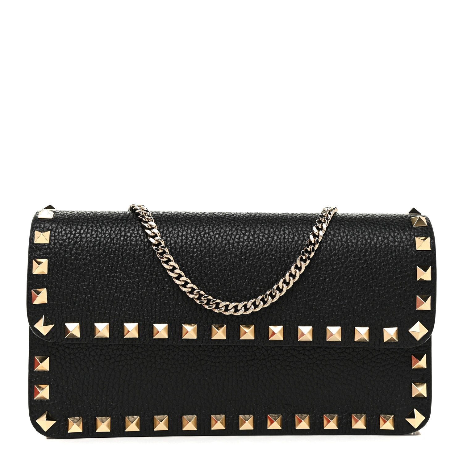 Valentino Garavani Pebbled Calfskin Rockstud Flap Wallet On Chain Black 1 of 12