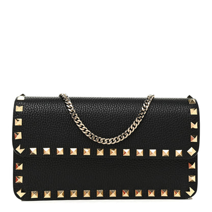 Valentino Garavani Pebbled Calfskin Rockstud Flap Wallet On Chain Black 1 of 12