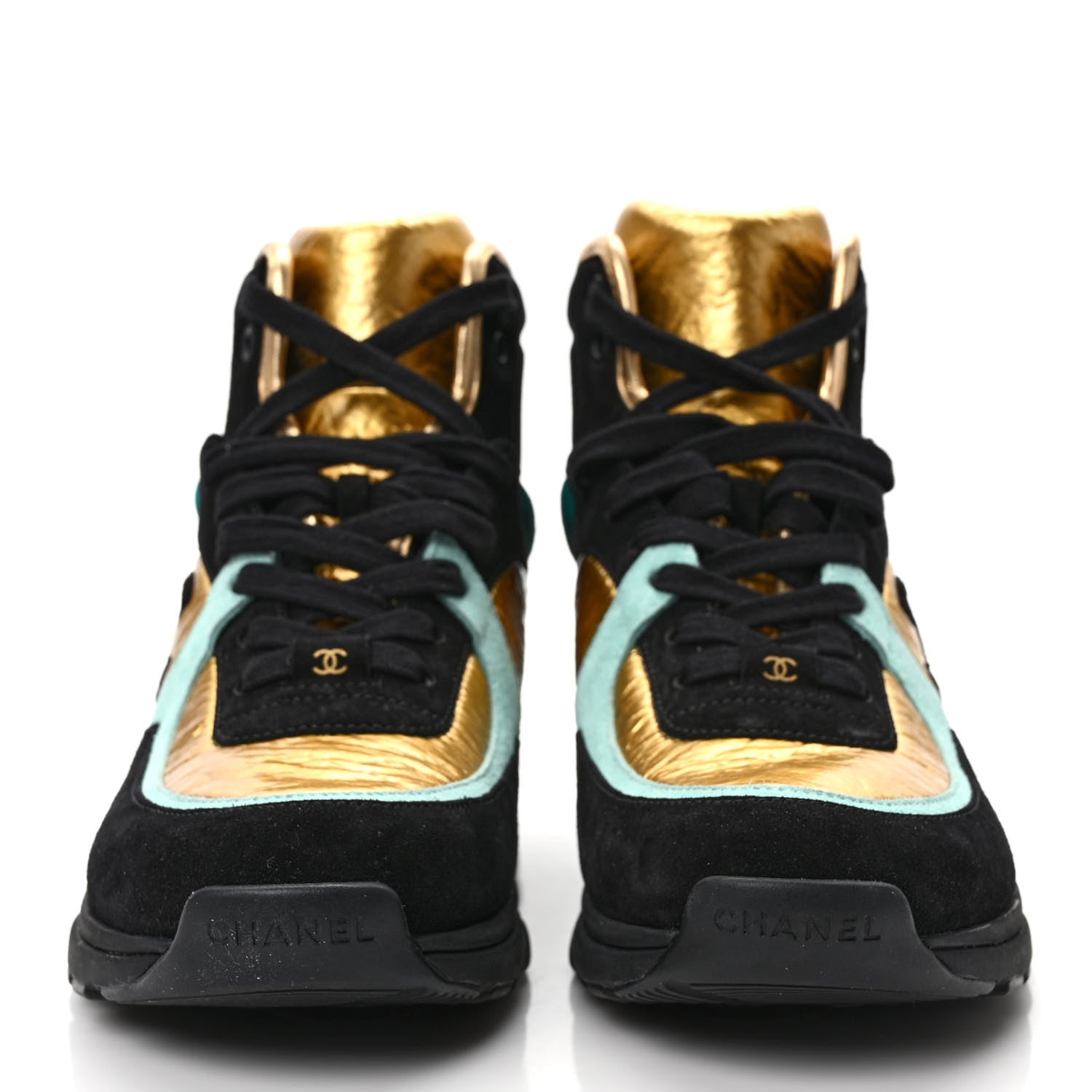 Chanel Suede Calfskin Fabric CC High Top Sneakers 40 Black Turquoise Gold 2 of 8