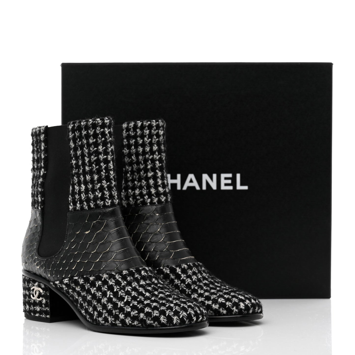 Fantasy Tweed Snakeskin Short Boots 37 Black