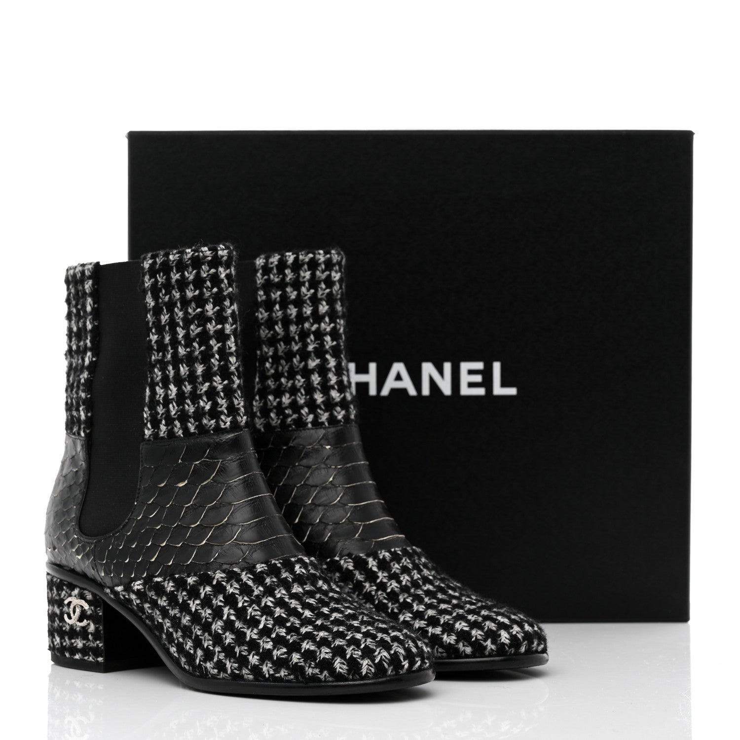 Chanel Fantasy Tweed Snakeskin Short Boots 37 Black 9 of 9