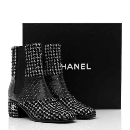 Chanel Fantasy Tweed Snakeskin Short Boots 37 Black 9 of 9