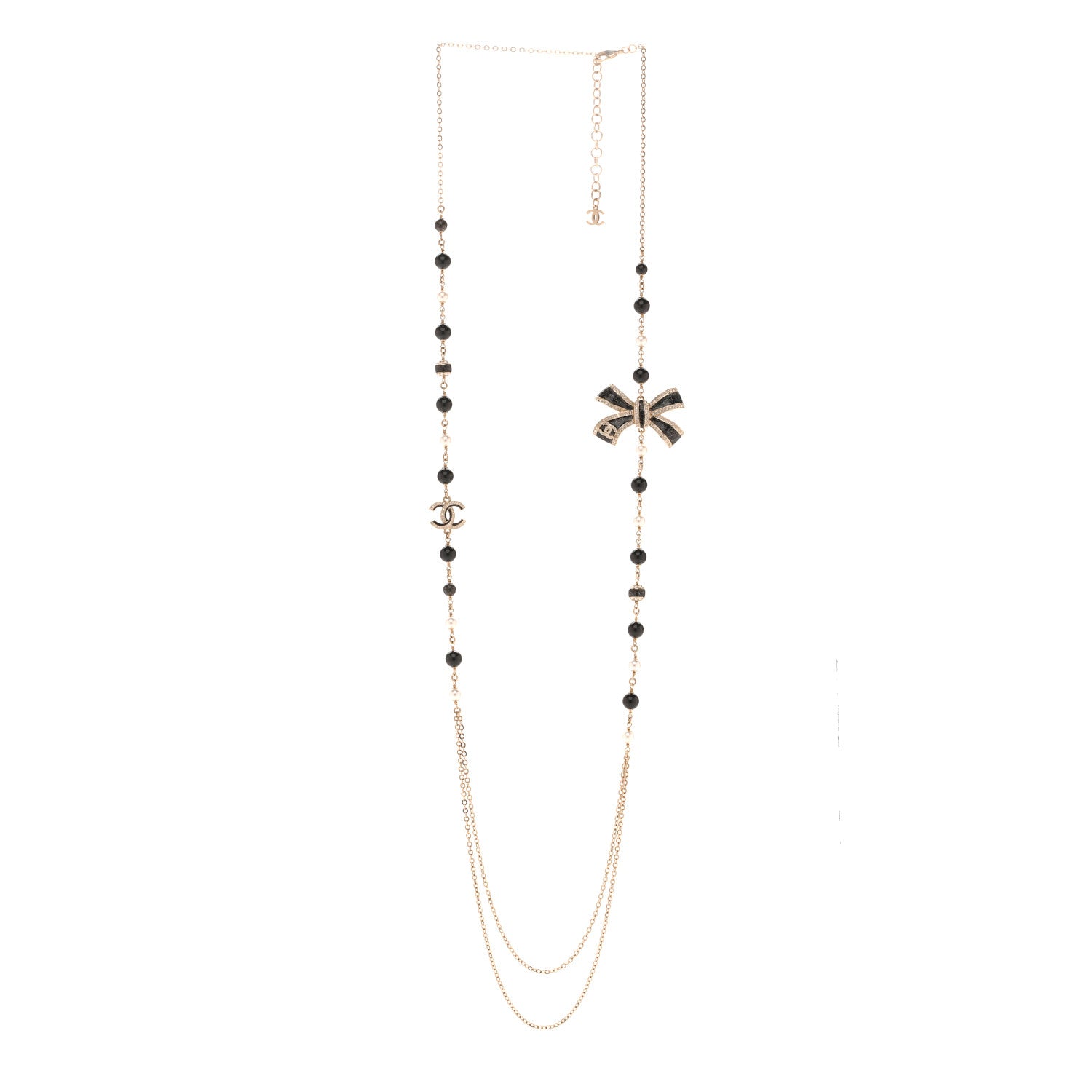 Chanel Glitter Enamel Crystal Bow CC Long Necklace Black Gold 3 of 6