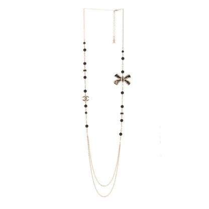 Chanel Glitter Enamel Crystal Bow CC Long Necklace Black Gold 3 of 6
