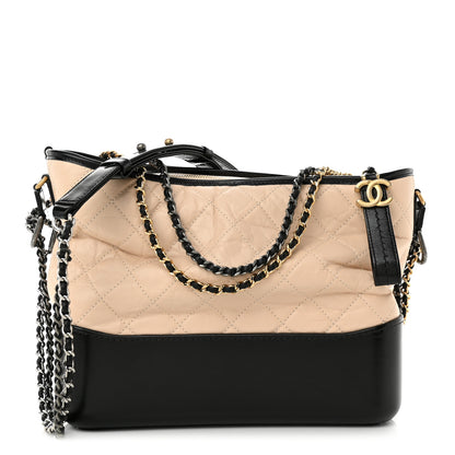 Chanel Aged Calfskin Quilted Medium Gabrielle Hobo Beige Black 1 of 9