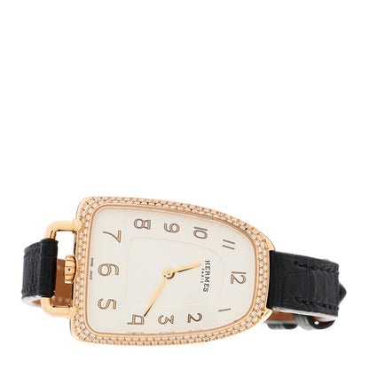 Hermes 18K Rose Gold Alligator Diamond Bezel 26mm Galop Quartz Watch Noir 2 of 4