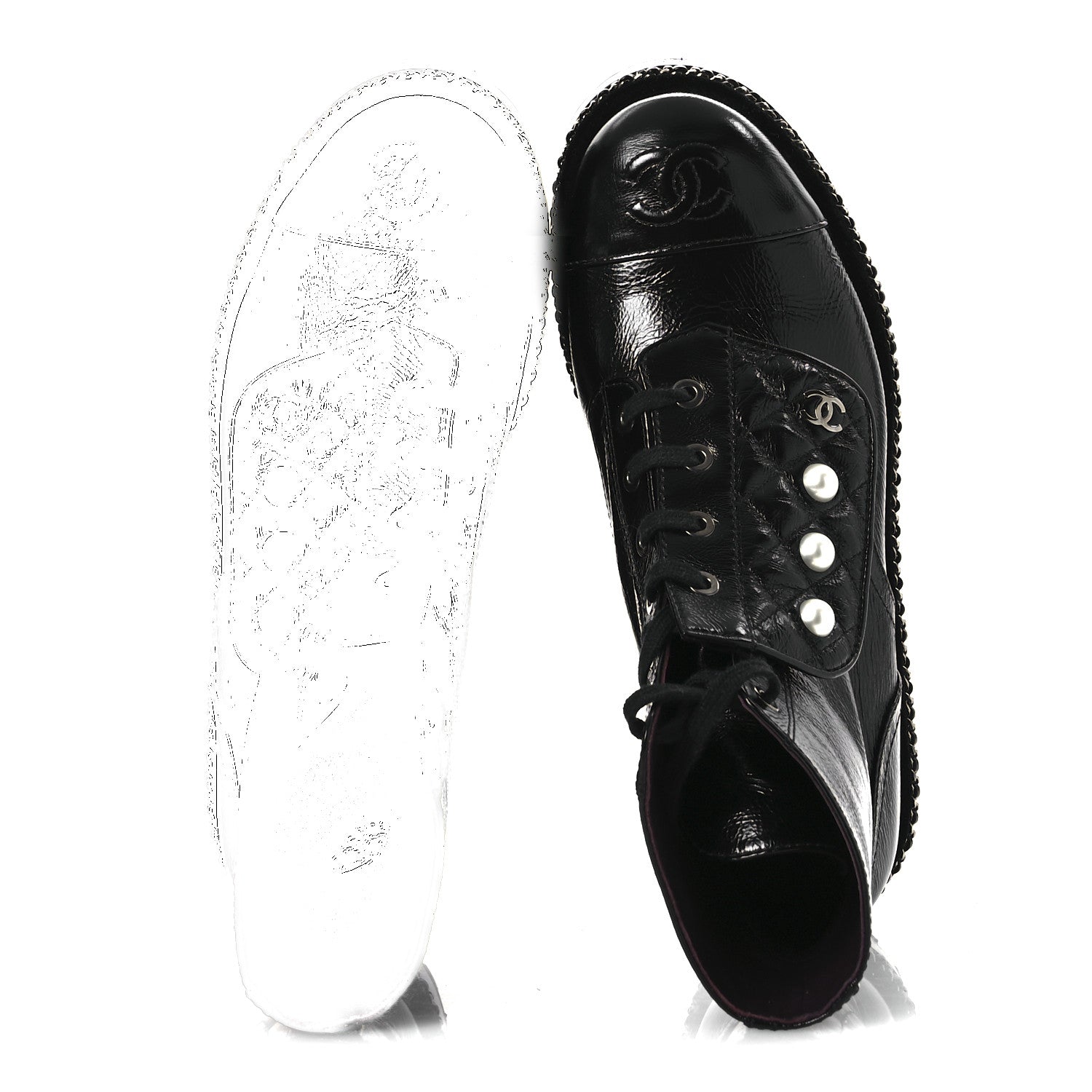 Chanel Crackled Calfskin Velvet Pearl Combat Short Boots 37 Black 2 of 11