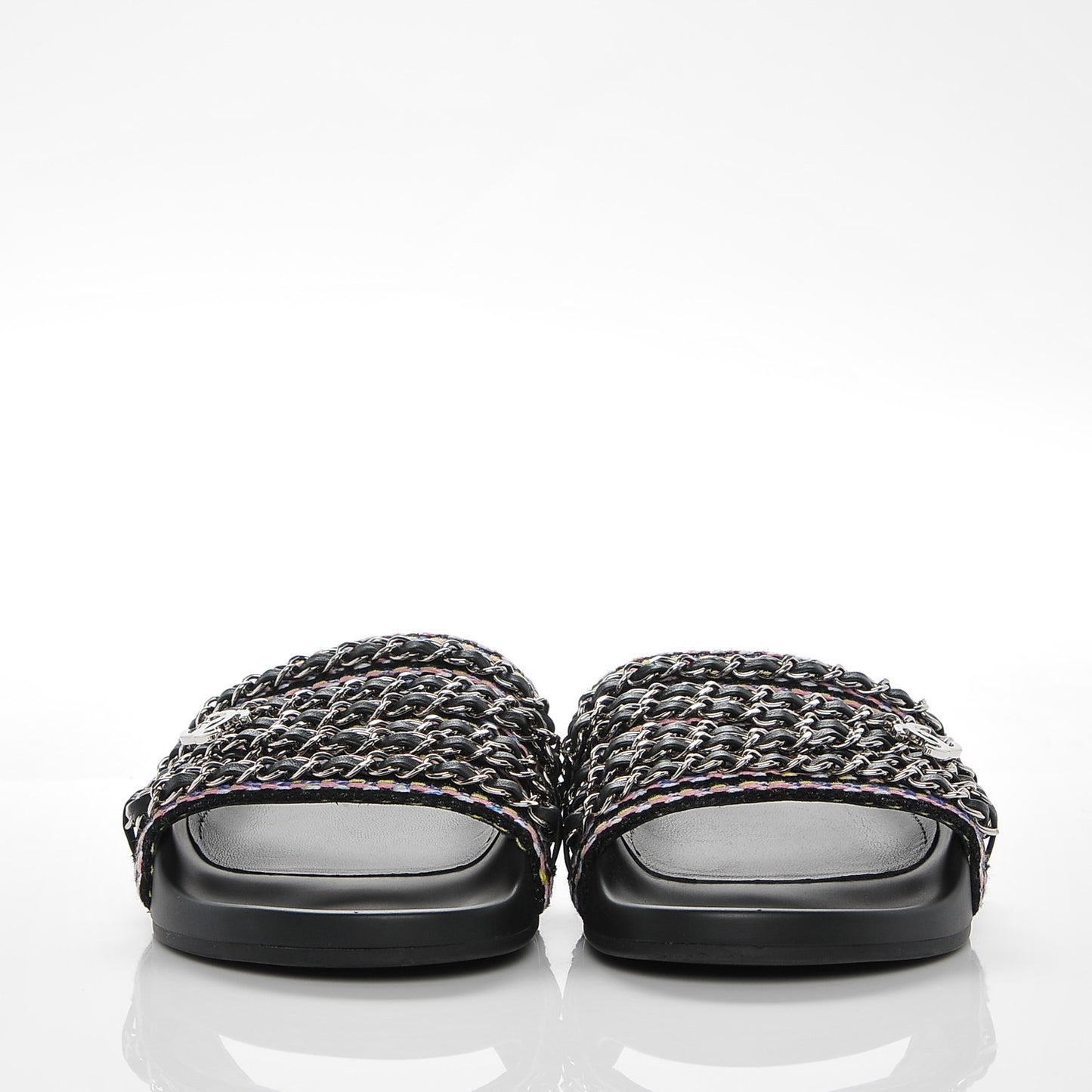 Tweed Lambskin Chain Flat Sandals 37 Black Multicolor