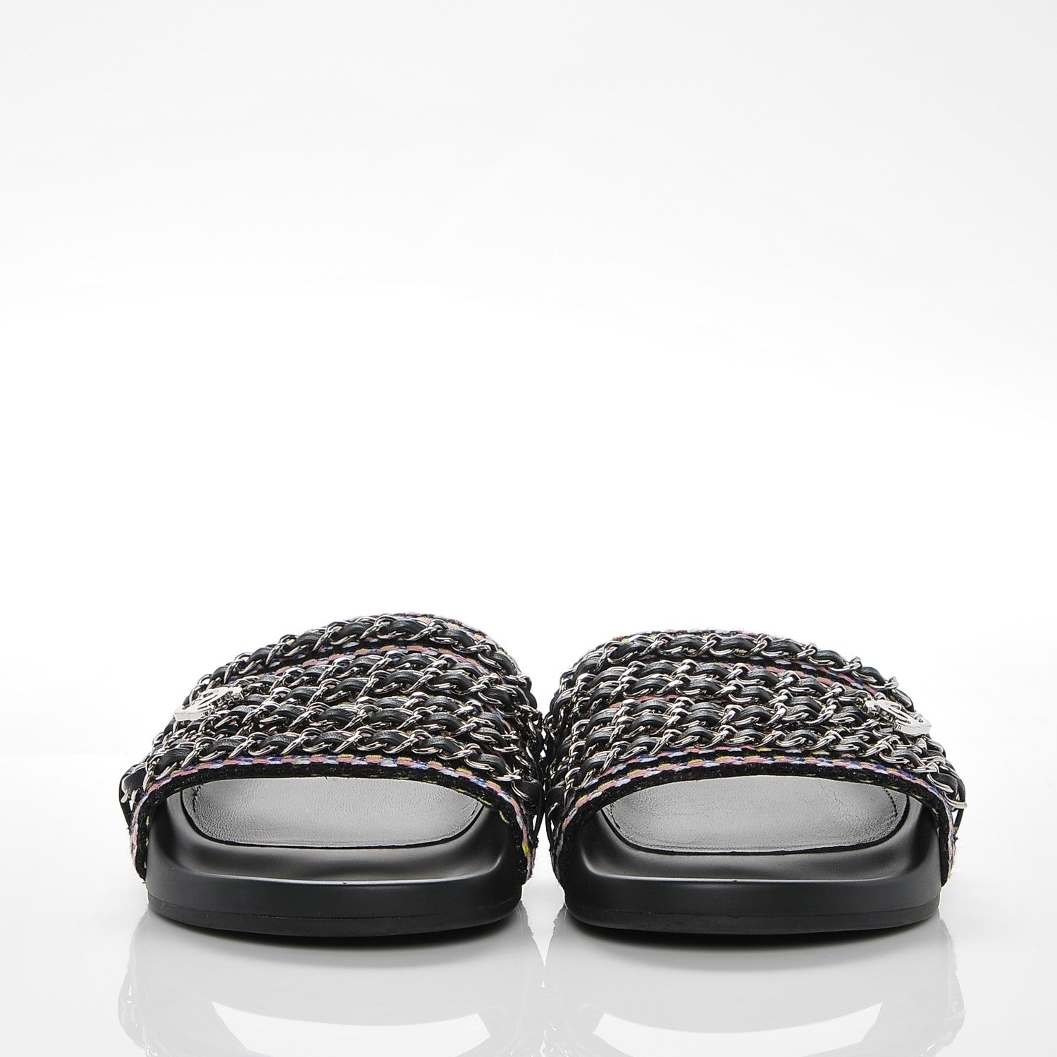 Chanel Tweed Lambskin Chain Flat Sandals 37 Black Multicolor 2 of 6
