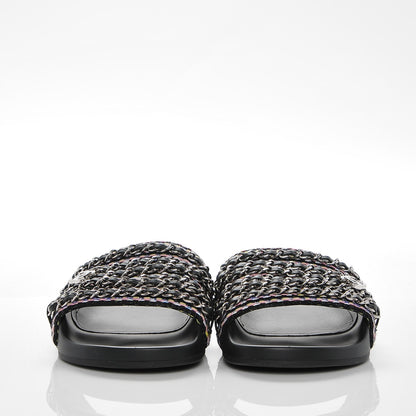 Chanel Tweed Lambskin Chain Flat Sandals 37 Black Multicolor 2 of 6