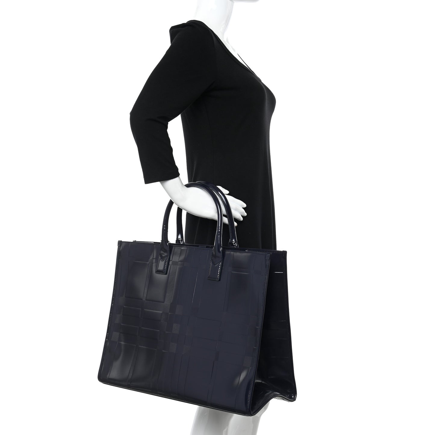 Patent Calfskin Denny Check Embossed Tote Charcoal Blue