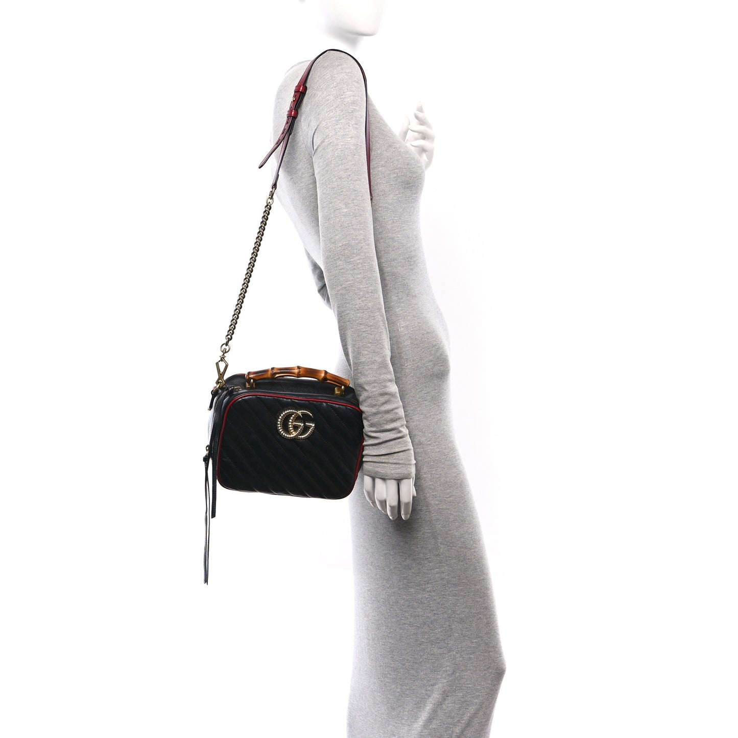 Vintage Effect Calfskin Matelasse Diagonal Small Torchon GG Marmont Bamboo Top Handle Shoulder Bag Black Romantic Cherry