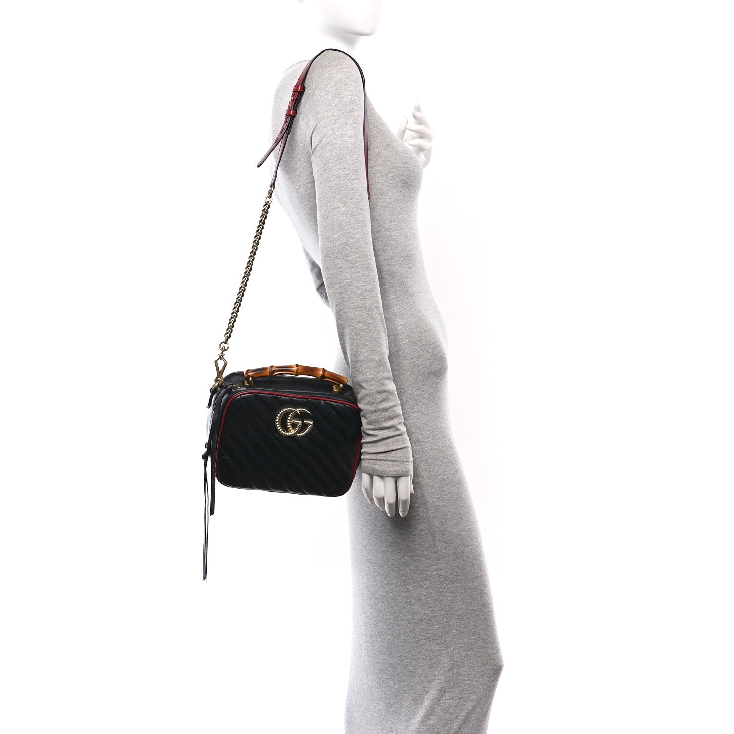 Gucci Vintage Effect Calfskin Matelasse Diagonal Small Torchon GG Marmont Bamboo Top Handle Shoulder Bag Black Romantic Cherry 2 of 10