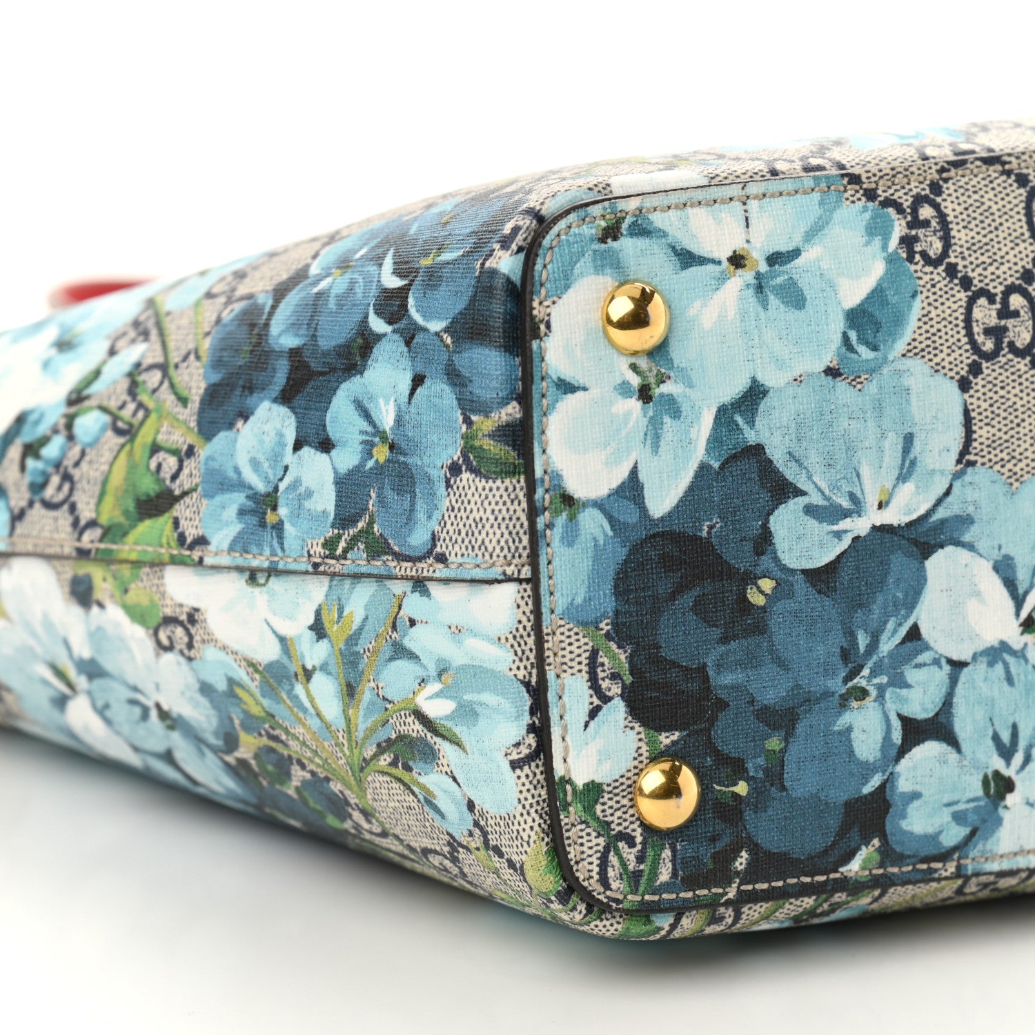 Gucci GG Supreme Monogram Blooms Medium Zippered Bucket Tote Beige Blue Navy Hibiscus Red 9 of 12