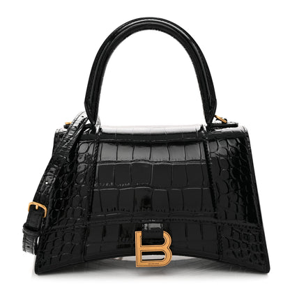 Balenciaga Shiny Calfskin Crocodile Embossed Small Hourglass Top Handle Bag  Black 1 of 12