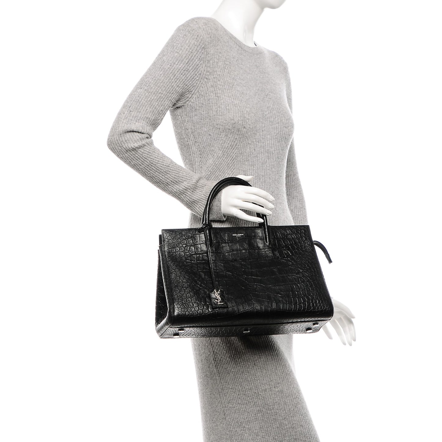 Calfskin Crocodile Embossed Medium Cabas Rive Gauche Black