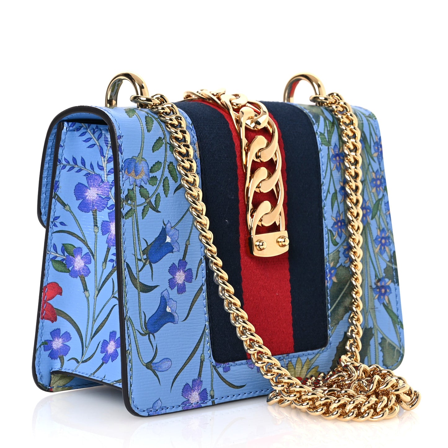 Shangai Calfskin Web New Flora Mini Sylvie Chain Shoulder Bag Azure
