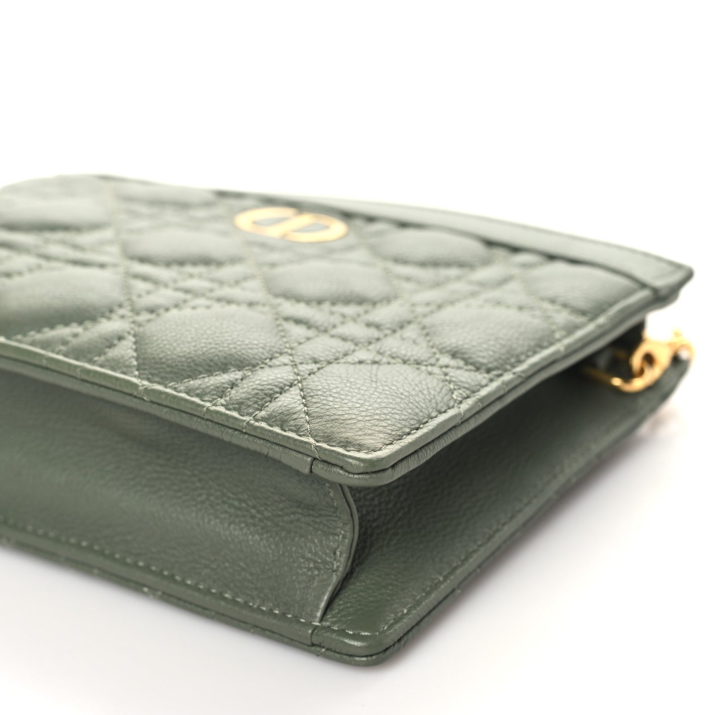 Calfskin Cannage Caro Zipped Pouch With Chain Cedar Green