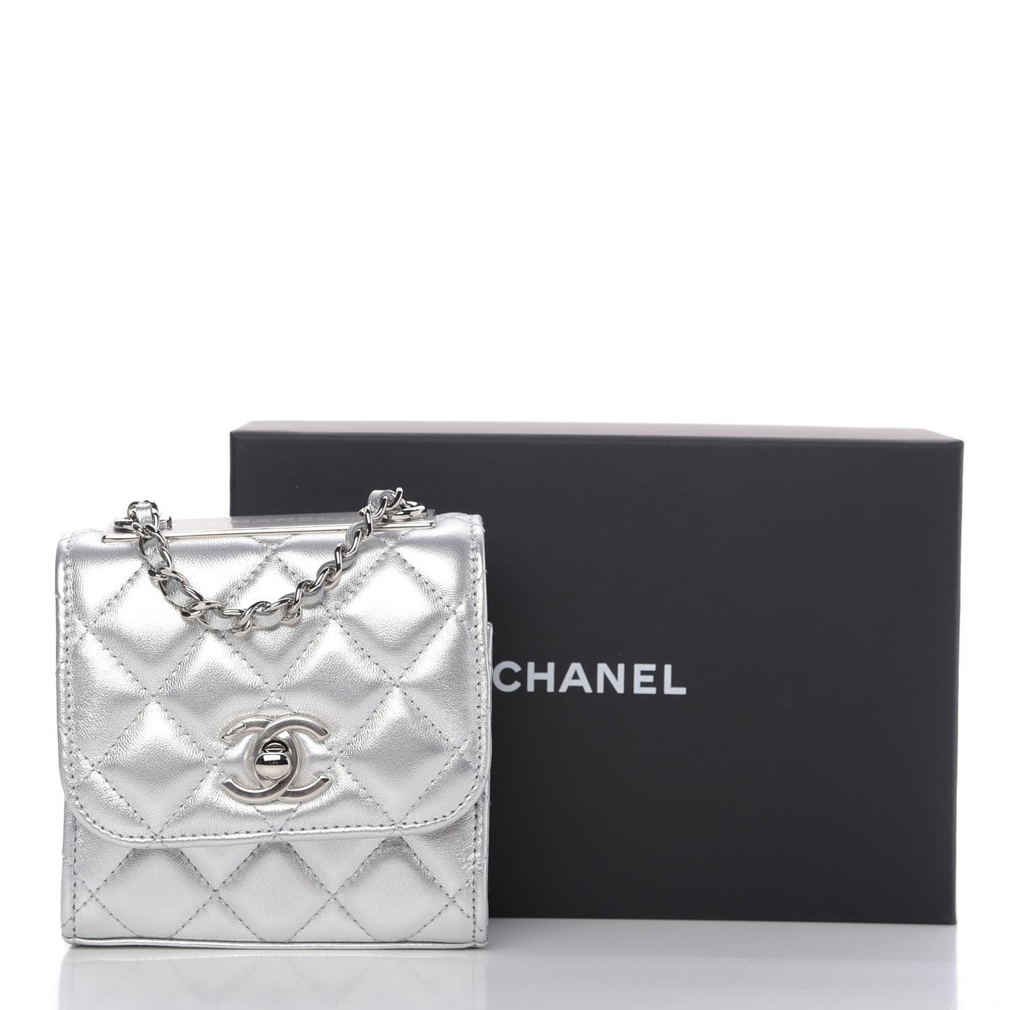 Metallic Lambskin Quilted Mini Trendy CC Clutch With Chain Silver