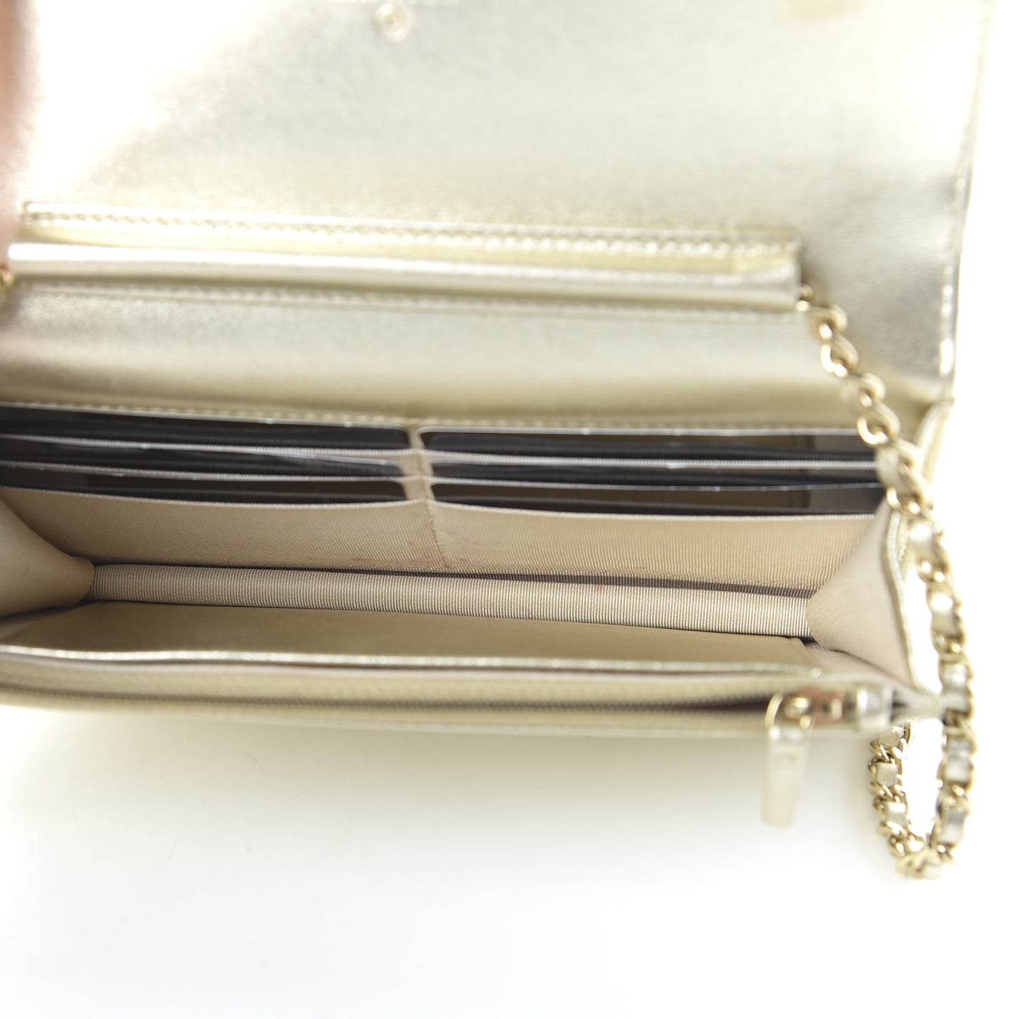 Metallic Lambskin Quilted Wallet On Chain WOC Gold