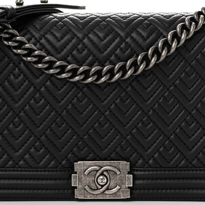 Chanel Lambskin Geometric Chevron Quilted New Medium Boy Flap Black 8 of 11