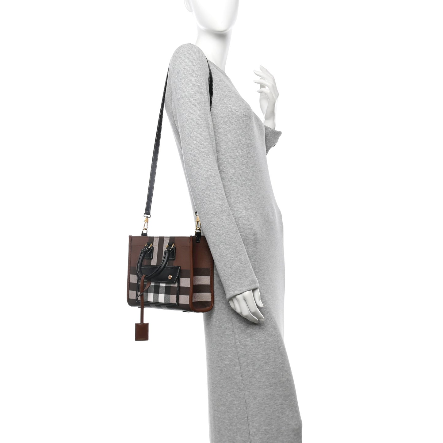 E-Canvas Check Calfskin Mini Freya Tote Dark Birch Brown