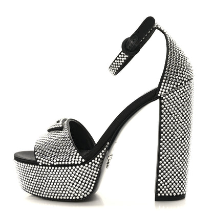 Prada Satin Crystal Triangle Logo 40/135mm Platform Sandals 38.5 Black 1 of 7