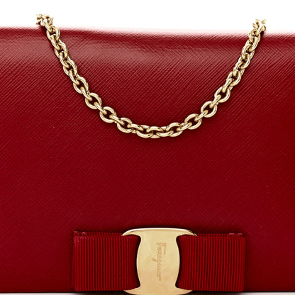 Salvatore Ferragamo Hammered Calfskin Vara Bow Chain Wallet Red 8 of 13
