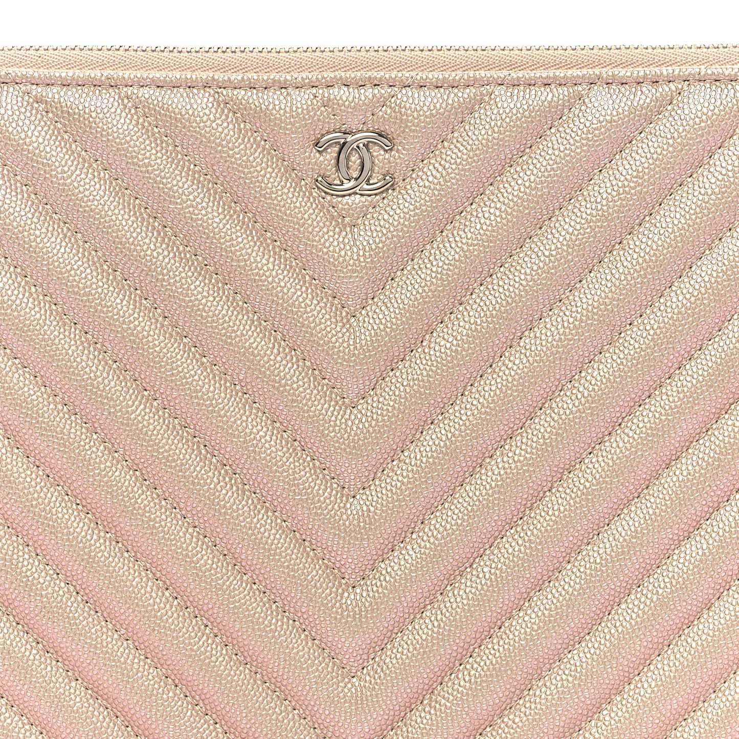 Iridescent Caviar Chevron Quilted Medium Cosmetic Case Light Gold