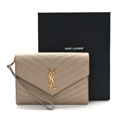 Saint Laurent Grain De Poudre Matelasse Chevron Monogram Envelope Clutch Dark Beige 8 of 8