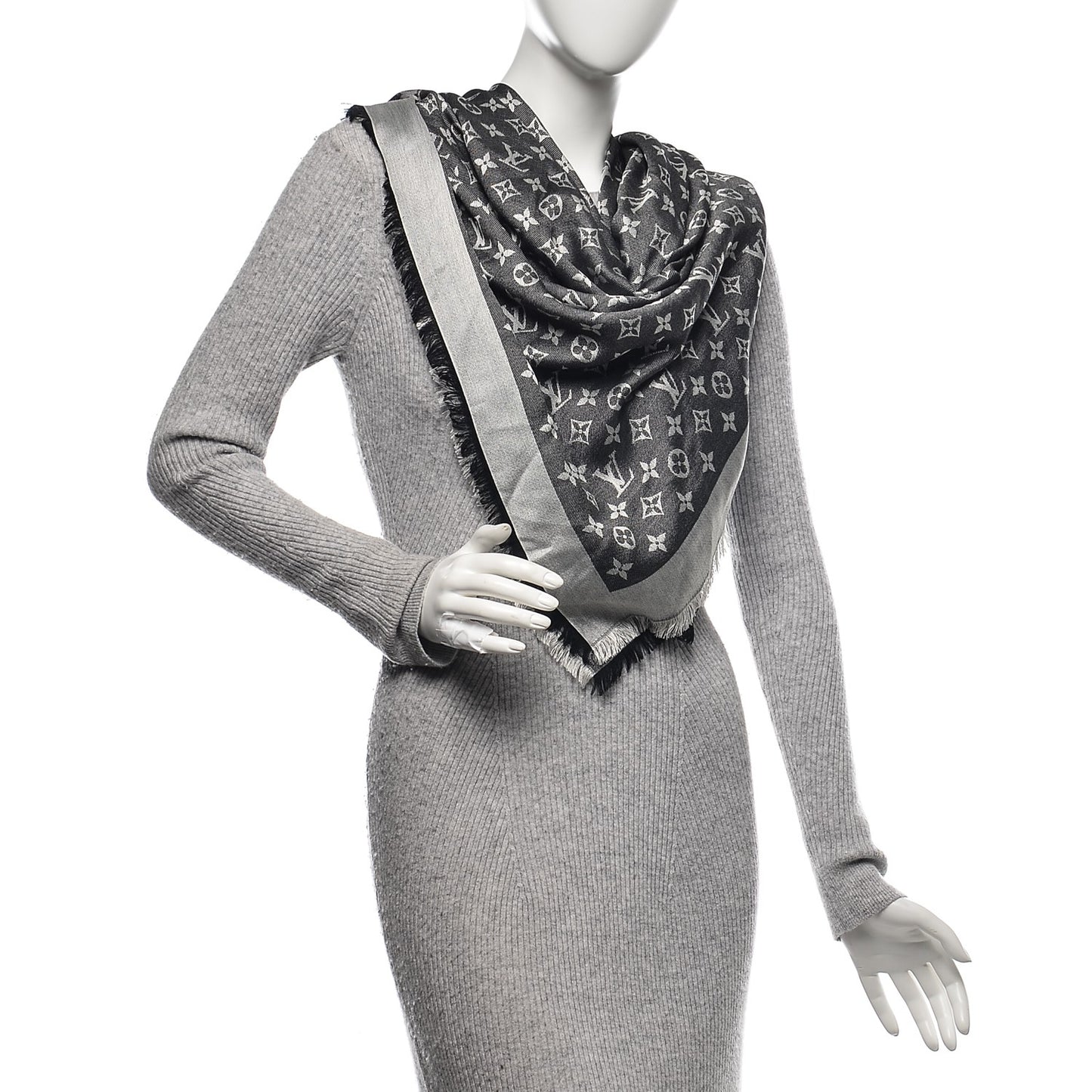 Wool Silk Monogram Denim Shawl Black