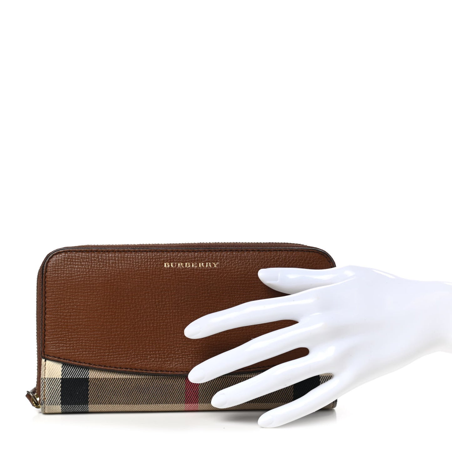 Calfskin House Check Elmore Zip Around Wallet Tan