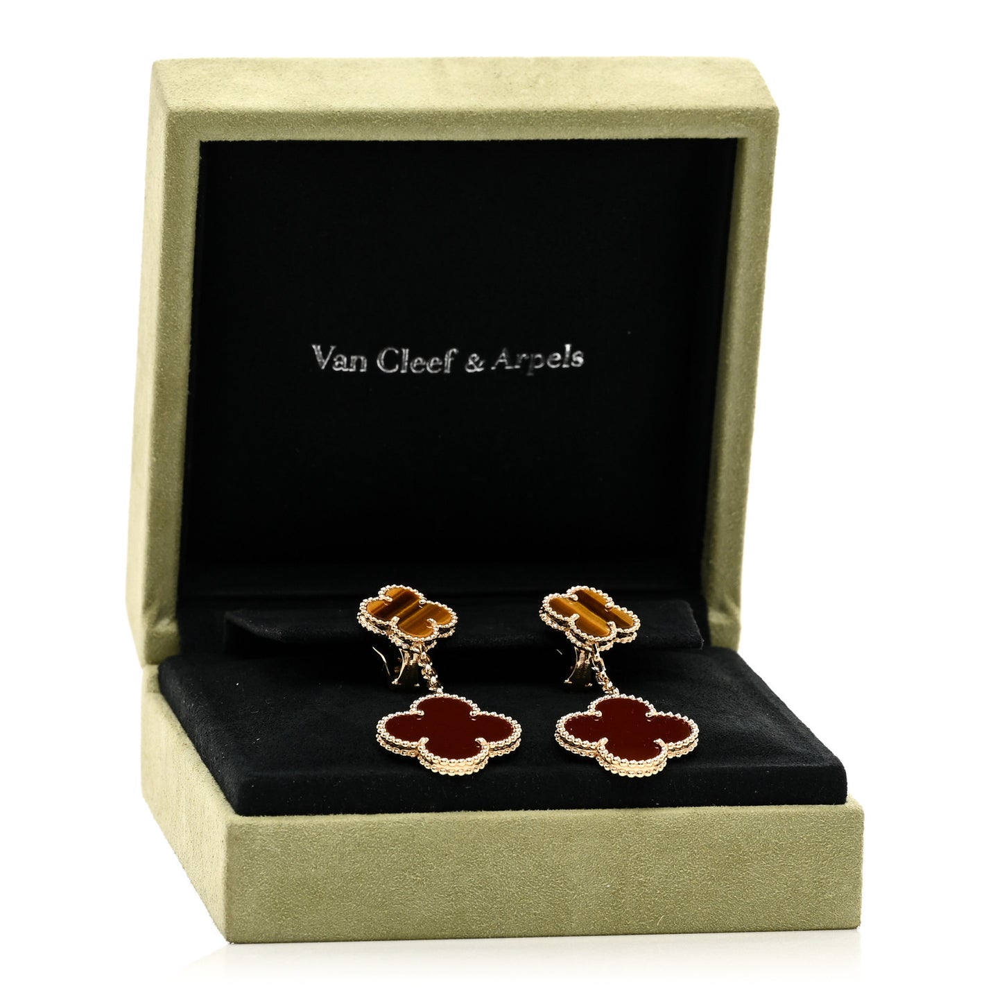 18K Yellow Gold Tiger Eye Carnelian 2 Motifs Magic Alhambra Earrings