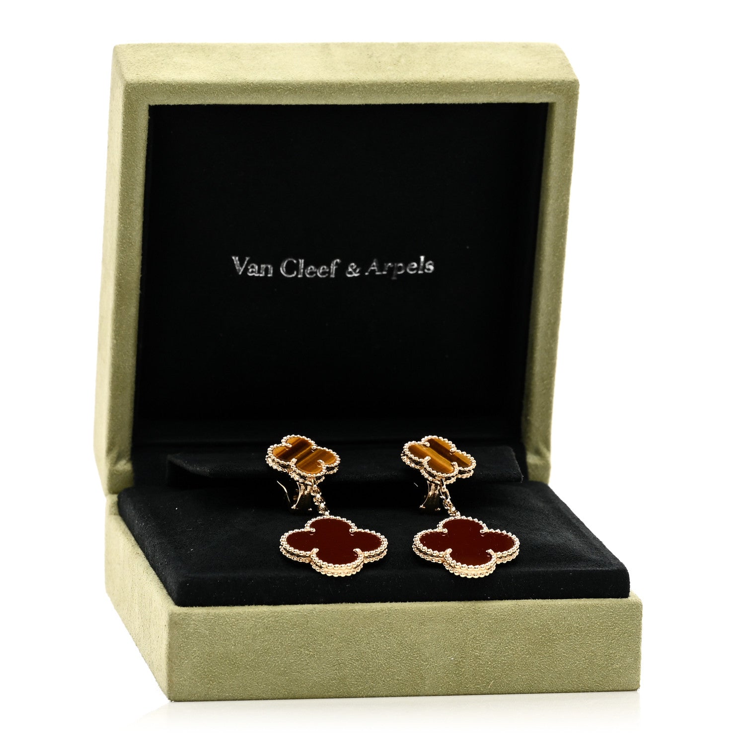 Van Cleef & Arpels 18K Yellow Gold Tiger Eye Carnelian 2 Motifs Magic Alhambra Earrings 5 of 5