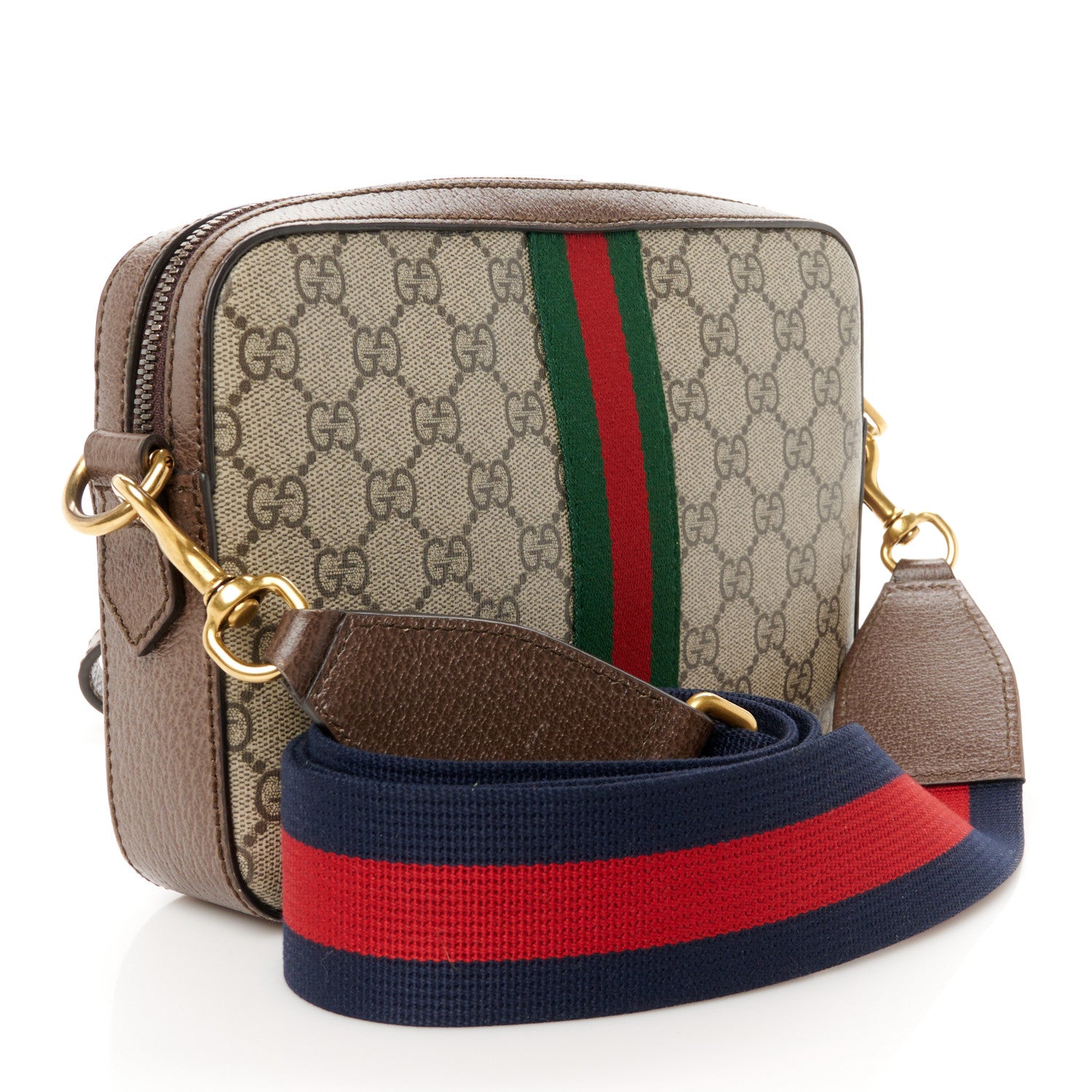 Gucci GG Supreme Monogram Textured Dollar Calfskin Web Ophidia Wristlet Shoulder Bag Beige Ebony New Acero 3 of 14