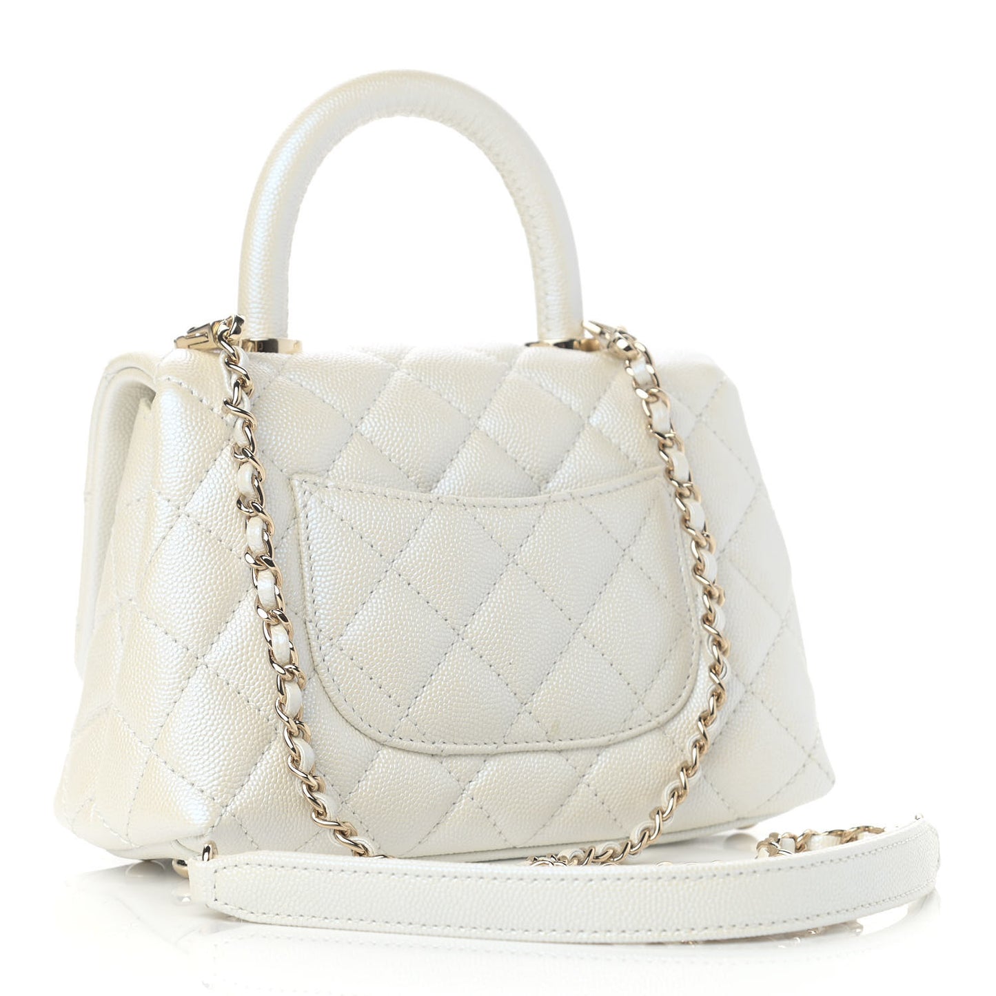 Iridescent Caviar Quilted Extra Mini Coco Handle Flap White
