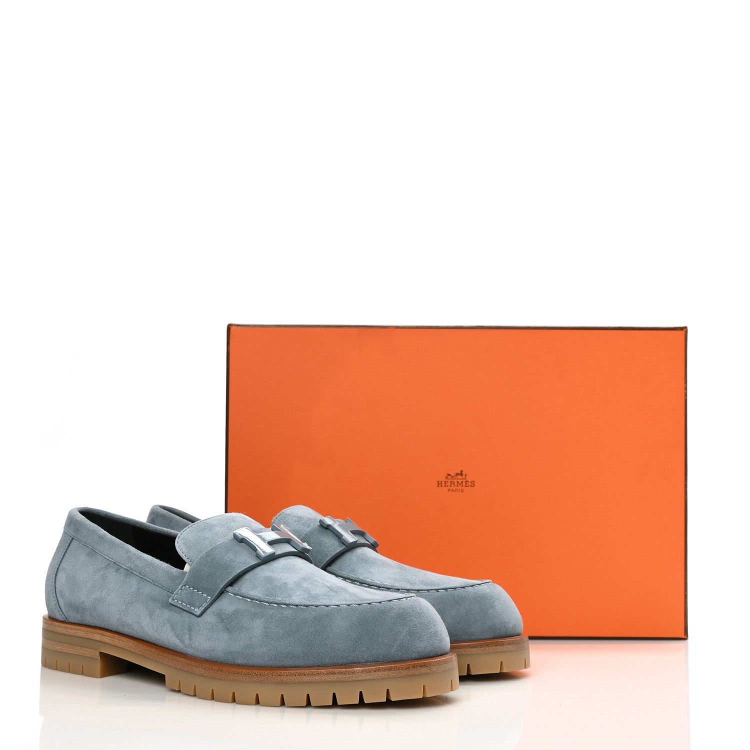 Hermes Suede Goatskin Womens Faubourg Loafers 37.5 Bleu Pinede 9 of 9