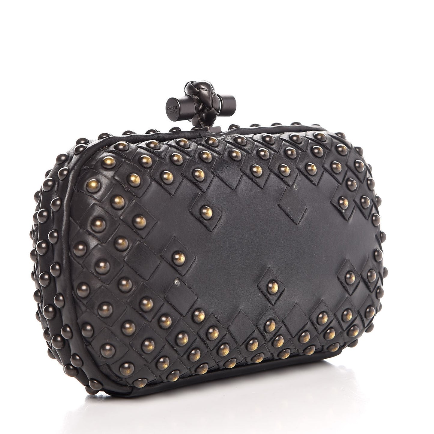 Waxy Nappa Intrecciato Knot Studded Clutch Gray
