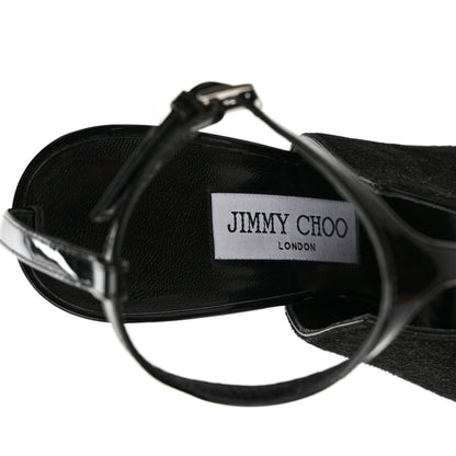 Jimmy Choo Suede Patent Kascade T-Strap Wedge Sandal 37.5 Black 7 of 9