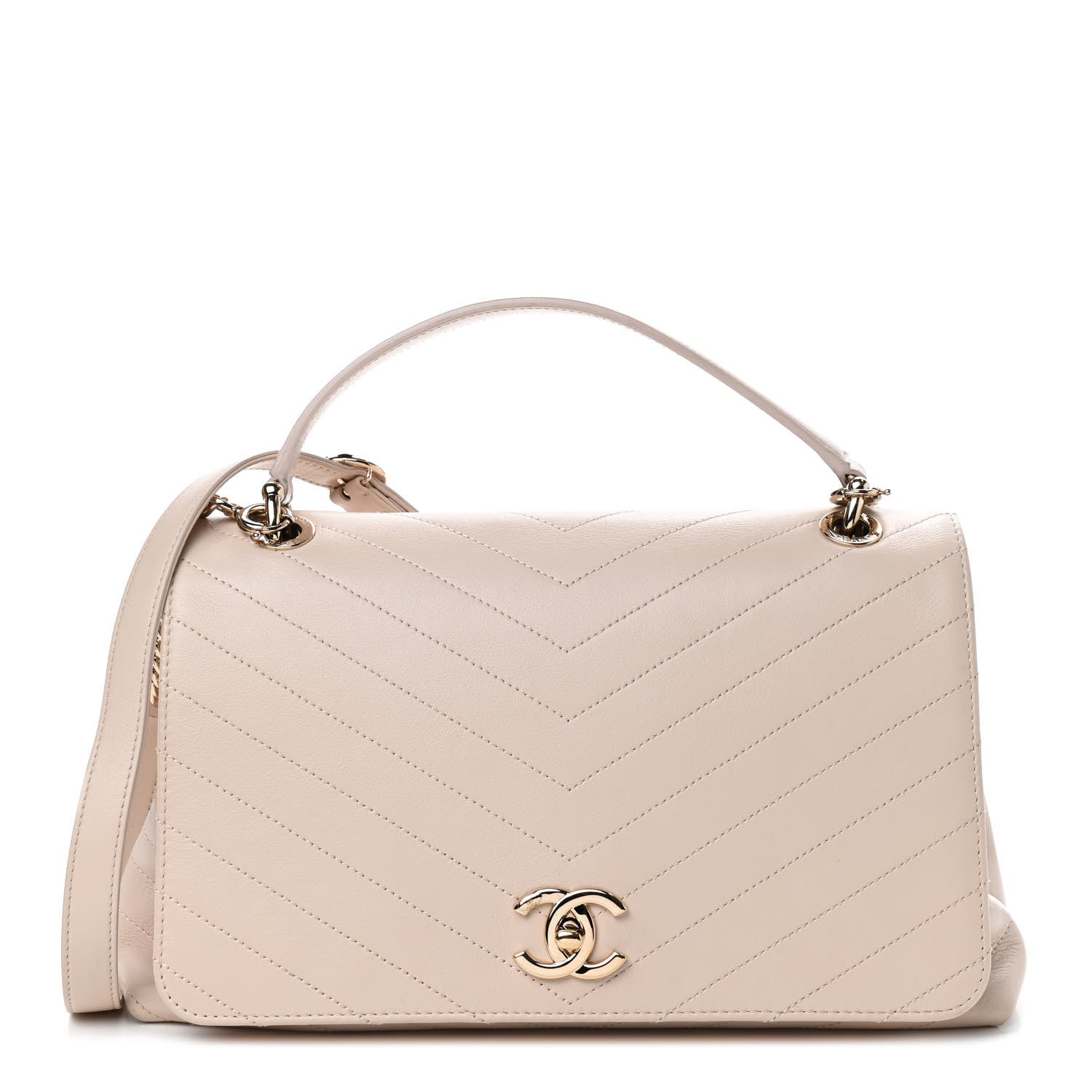Chanel Grained Calfskin Stitched Medium Chevron Chic Top Handle Flap Beige 1 of 11