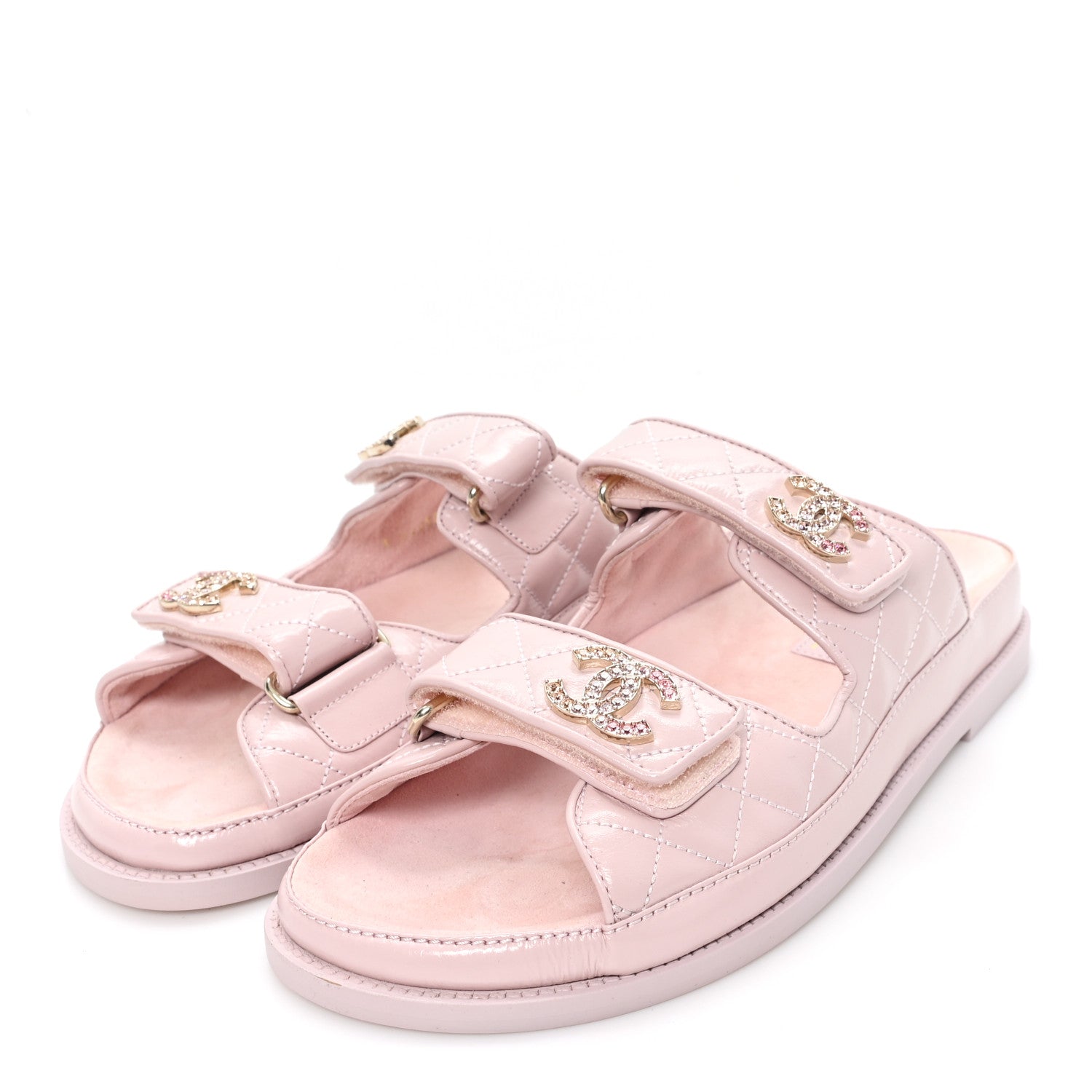 Chanel Shiny Calfskin Quilted Velcro Dad Crystal CC Slide Sandals 39 Light Pink 4 of 10