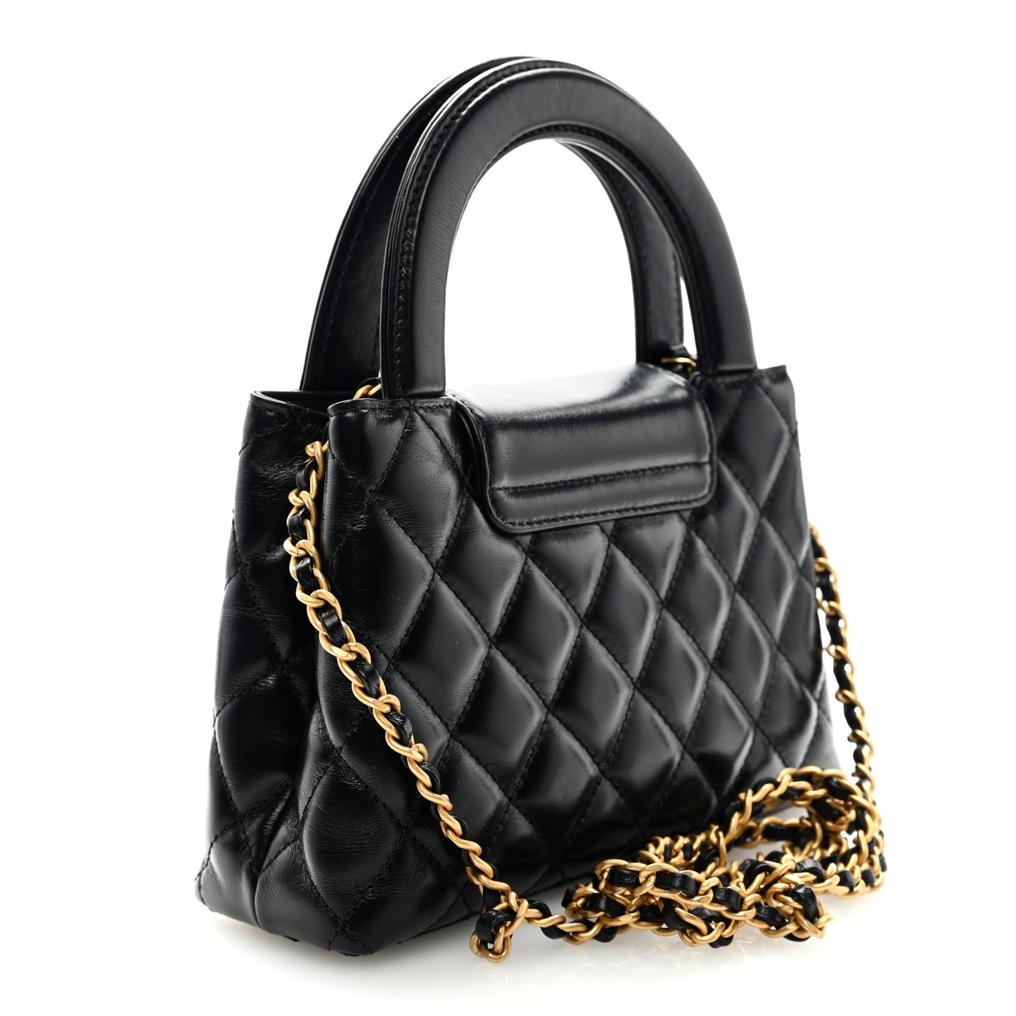 Shiny Aged Calfskin Quilted Nano Kelly Shopper Black