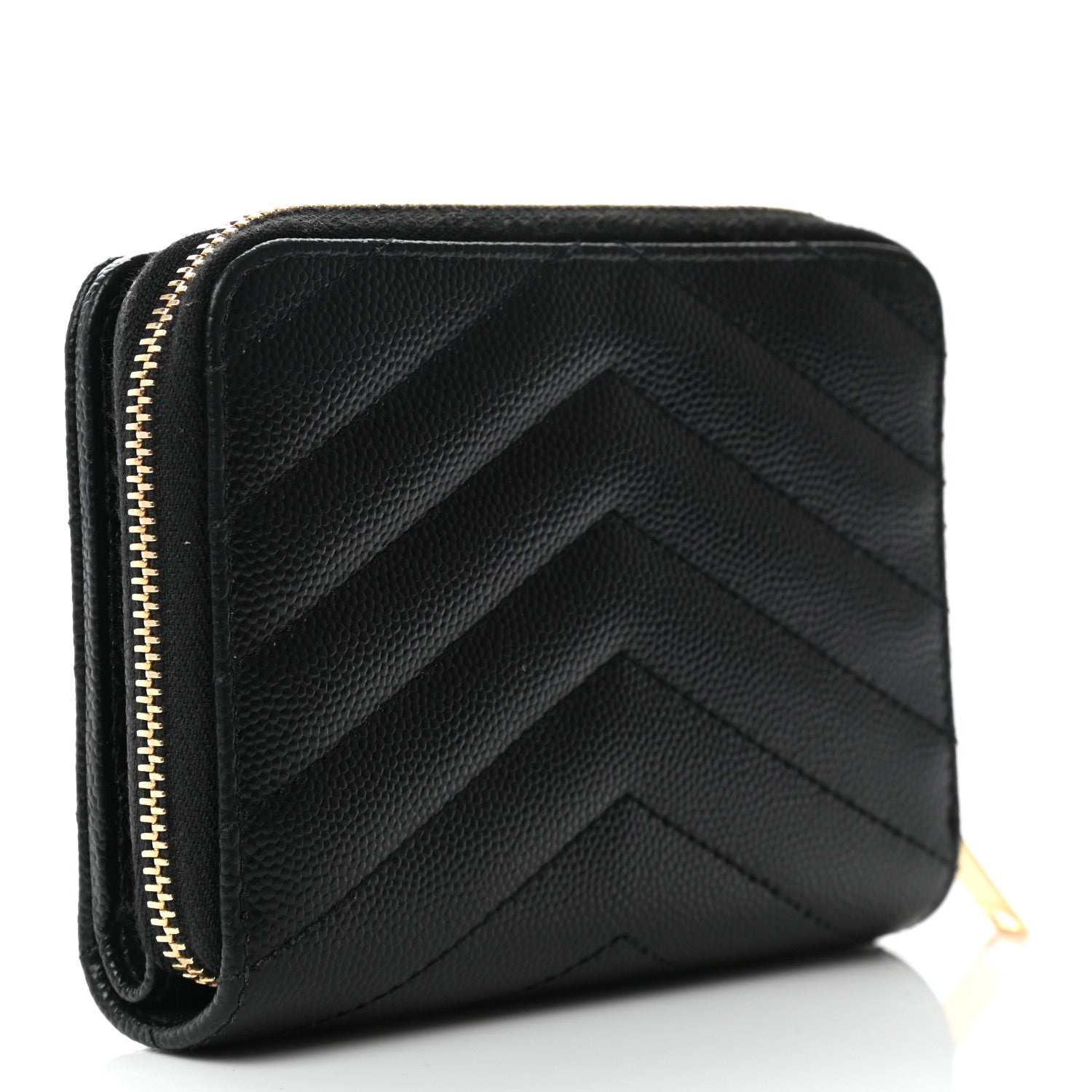 Saint Laurent Grain De Poudre Matelasse Chevron Monogram Compact Zip Around Wallet Black 3 of 11