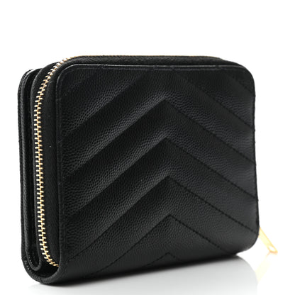 Saint Laurent Grain De Poudre Matelasse Chevron Monogram Compact Zip Around Wallet Black 3 of 11
