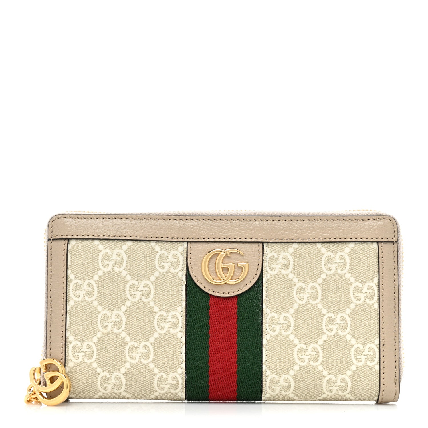 Gucci GG Supreme Monogram Textured Dollar Calfskin Web Ophidia Zip Around Wallet Beige Mystic White Oatmeal 1 of 11
