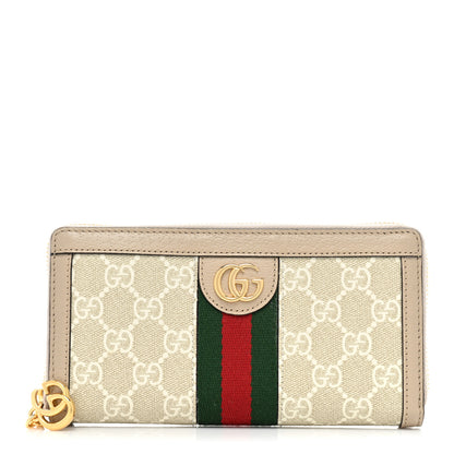 Gucci GG Supreme Monogram Textured Dollar Calfskin Web Ophidia Zip Around Wallet Beige Mystic White Oatmeal 1 of 11