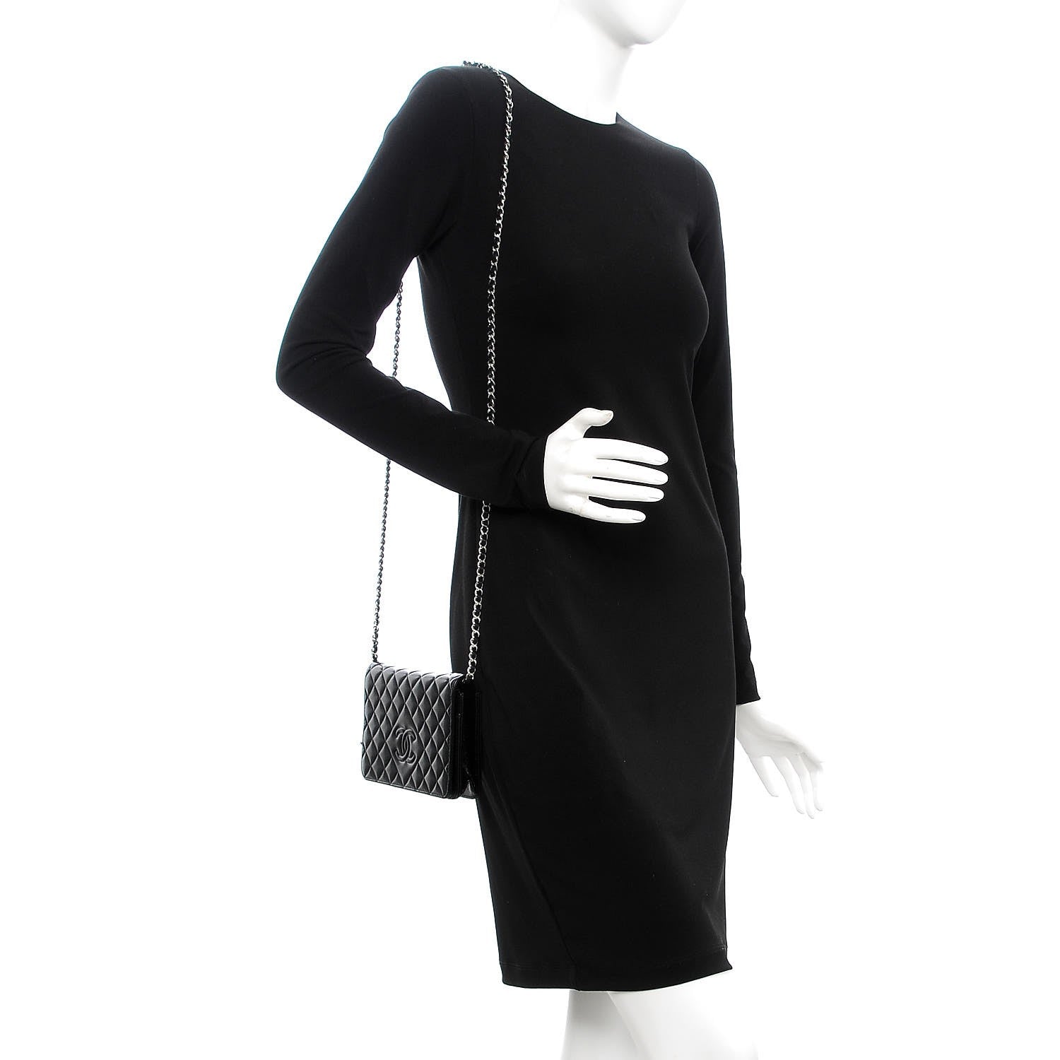 Chanel Goatskin Quilted Diamond CC Wallet On Chain WOC Black 2 of 10
