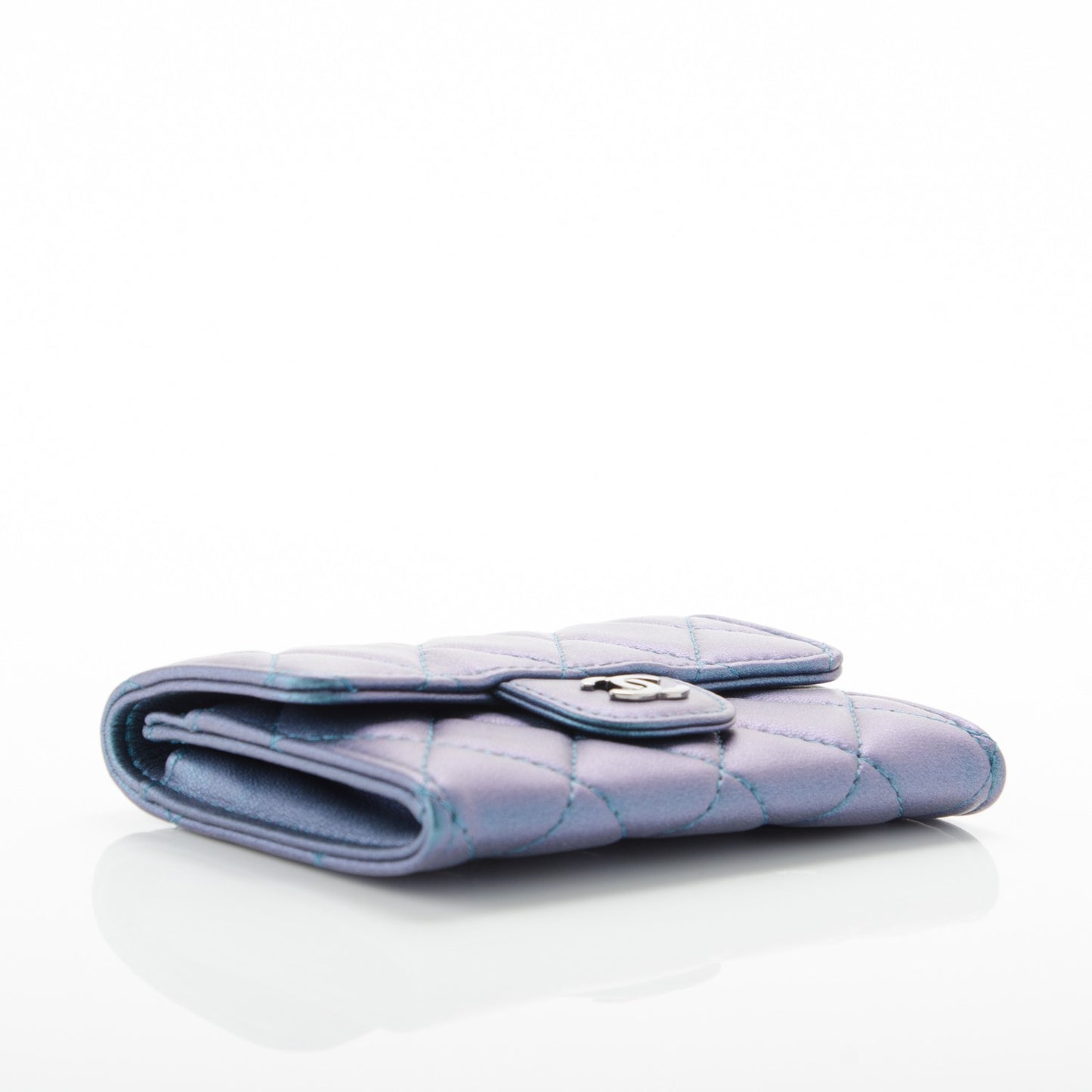 Metallic Lambskin Quilted Flap Card Holder Turquoise